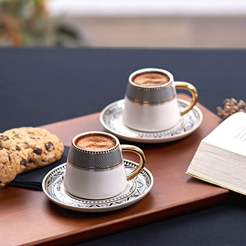 KARACA Globe Set mit 2 Kaffeetassen, Untertasse, Robuste Mokkatasse, Dicker Trinkrand, Espressotassen,Mochatassen, Porzellan Espresso Set,Traditionalkaffee Tasse