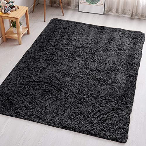 Aspire Homeware Black Rugs Living Room - Small Area Rugs 50x80cm for Bedroom Fluffy Modern Shaggy Rug Soft Non Slip Thick Pile