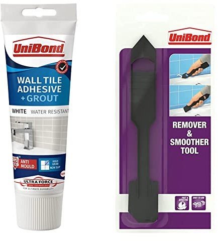 UniBond 2643638 Ultra Force Wall Tile Adhesive and Grout in Easy Apply Tube, 2 in 1 Waterproof Wall Tile Adhesive, White 300g & UniBond 1034731 Sealant Remover and Smoother Tool, Black