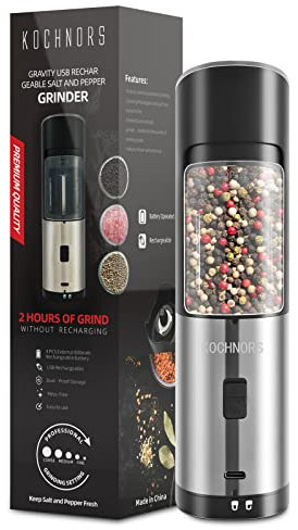 Kochnors Macinapepe Elettrico, Ricaricabile USB Macinapepe, Macina Sale e Pepe Gravità Con 6 Livelli Grossolanità Regolabile, Macinapepe con Una Mano Per Cucina, Ristorante e Barbecue.