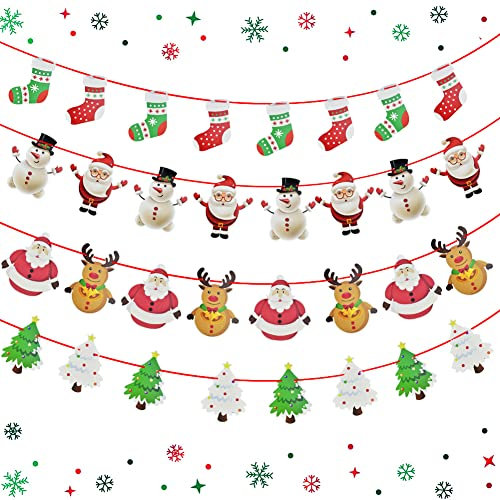 QUCUMER 4 Pcs Guirnalda Navideña de Papel Colgante con Patrones de Reno, Muñeco de Nieve, Papá Noel y Árbol para Decoraciones