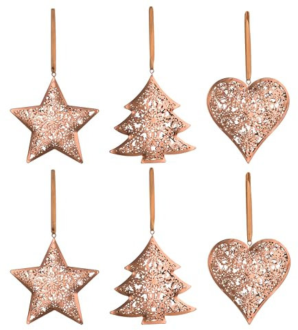 Valery Madelyn 6 Stück 11cm Weihnachtsbaumschmuck, Bronze hängende Weihnachtsdeko aus Metall, Eisen Herz, Stern, Baum Weihnachtsanhänger