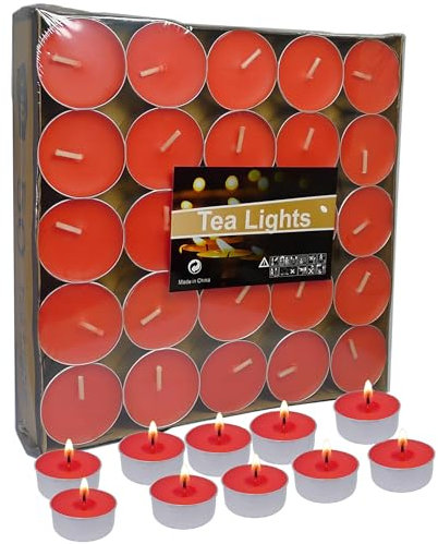 Artisoul® 50 Pezzi Lumini Candela Tealight Premium - Durata 4,5 Ore di Combustione Mini candele - Non profumate e Senza Fumo Privo di Inquinanti - Tè Luci Ceri Votivi Candele da Tè- Rosso