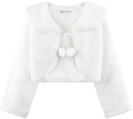 Bolerose Girls Pom-Pom Faux Fur Bolero Jacket | Satin Lining, Ribbon Tie Fastening, Fold-Down Collar, Long Sleeves, Cropped Length, Lightweight Warmth, Ages 3-10