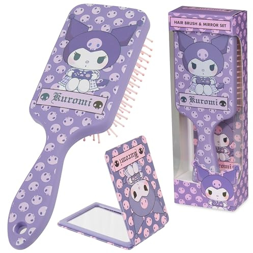 Hello Kitty Sanrio Spazzola Capelli e Specchio Set Accessori Capelli Bambina Donna, Kuromi Cinnamoroll Spazzola Piatta Districante Specchio Pieghevole (Kuromi Spazzola e Specchio)