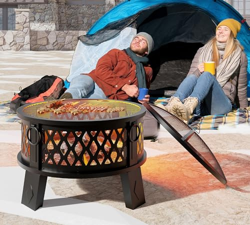 Fire Beauty Fogata de acero de 26 pulgadas con parrilla y diseño de malla de diamante, tecnología de flujo de aire de 360° para un 80% menos de humo, llamas XL, cuenco portátil resistente para