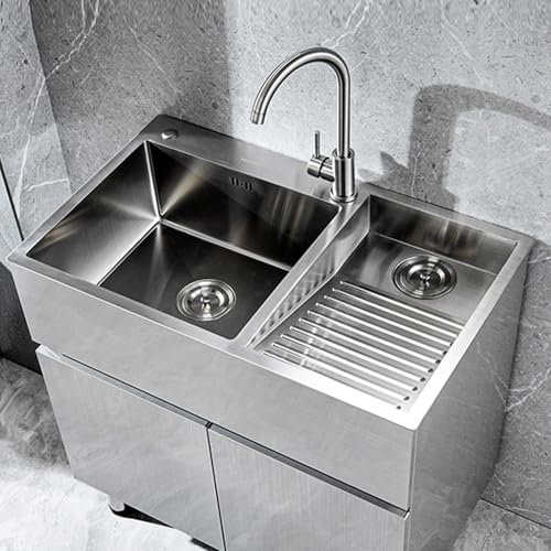 ZXNANA Évier à Linge en Acier Inoxydable avec Planche à Laver - lavabo Utilitaire fabriqué à la Main pour blanchisseries, ateliers et garages (Right b)