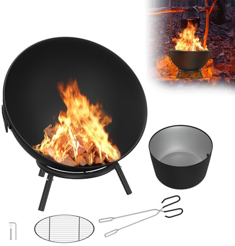 UISEBRT Brasero redondo de acero portátil de 60 cm con rejilla de madera y accesorios, ideal para jardín, terraza, camping, exterior
