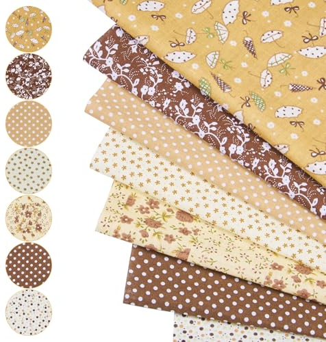 Crafans Lot de 7 feuilles de tissu en coton - 25 x 25 cm - Motif fleurs et pois - Pour patchwork - Accessoires pour couture, loisirs créatifs - Marron noix de coco