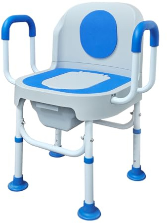 Lumizone Portable Toilet Chair for Elderly Adjustable Bedside Commode with Armrests & Sliding Bucket 5-Level Height Odor-Proof Double Lid Non-Slip Feet Supports 220 lbs, Lightweight for Home/Travel