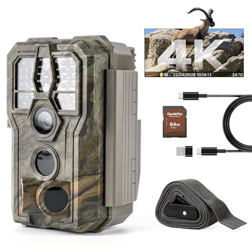 GardePro E5 2.0 Pro 4K Camera de Chasse, Carte SD de 64 Go | 64MP Caméra de Chasse, Camera Vision Nocturne Animaux Exterieur, Piege Photographique, Camera Detecteur de Mouvement