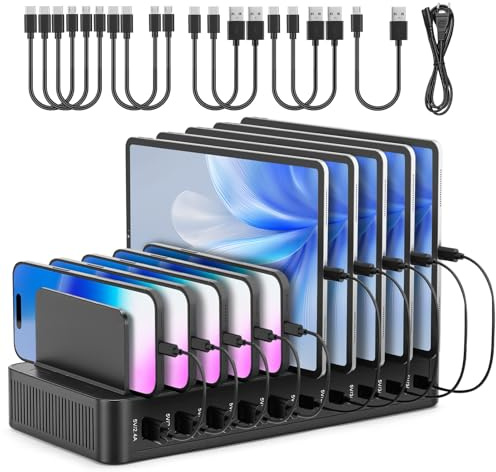 HISUEKIG Stazione di Ricarica USB C, 10 Porte Multipla Caricabatteria con Divisori Regolabili Rimovibili, Protezioni Surriscaldamento, Sovraccarico, Sovratensione e Cortocircuiti