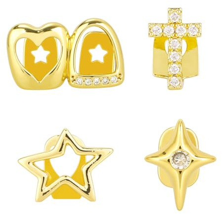 Mikovivi 4st Guld Grills för Dina Tänder, Punk Diamant Dental Grills Kors Stjärna Hjärta Tandkapslar Hip Hop Tandställsaccessoirer Charm för Kvinnor Män Smycke Present
