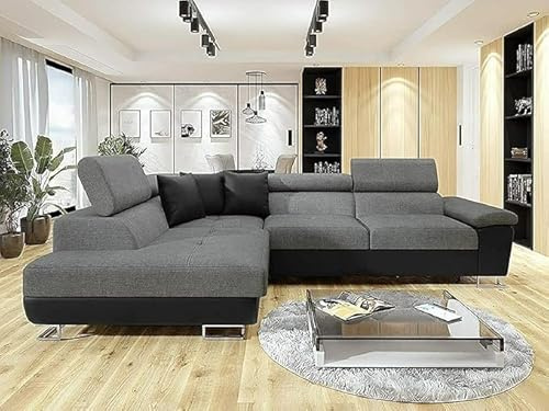 ANTON Black & Grey Fabric Corner Sofa Bed (LEFT HAND SIDE) | Double Bed | large sofas settee for living Rooms | (LEFT HAND SIDE)
