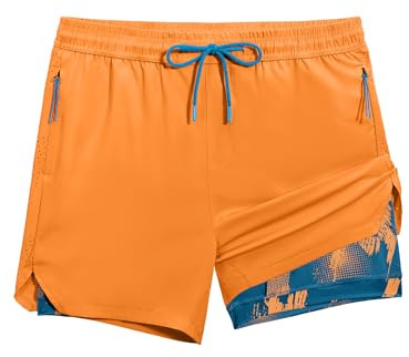 veepro Men’s 5” Gym Running Shorts 2 in 1 Quick Dry Workout Athletic Shorts with Compression Liner,Lightweight Anti-Chafe Sports Shorts with Zipper Pockets for Training Tennis Basketball Orange