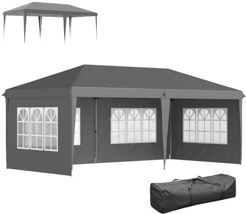Outsunny Pavillon ca. 3x6m Wasserdicht Pop-up Faltpavillon mit 4 Seitenwänden, Fenster, Partyzelt mit UV-Schutz, Oxford Gartenpavillon inkl. Tragetasche Gartenzelt für Balkon, Terrasse, Grau