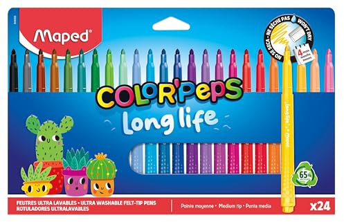 Maped Color Pep's Long Life filtpennor - skolmaterial - tvättbara pennor med superstark blockerad spets - torkar inte utan lock - lysande färger - utmärkt täckning