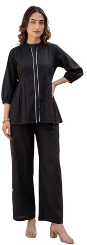 TAGDO Co Ord 2062 elegant damset i linne med mandarinkrage och knappar med rak passform och rak passform, svart, M