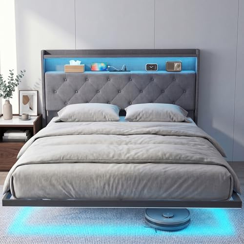 HOMCOM Cadre de Lit 140 x 200 cm avec Sommier Acier et Multiprise Gris