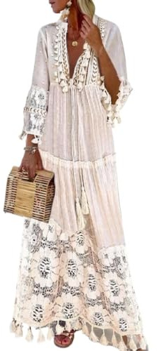 Vestido Maxi Bohemio de Encaje Mujer, Verano 2026 Cuello V Manga 3/4 Borlas Vestido Playa Invitada Boda