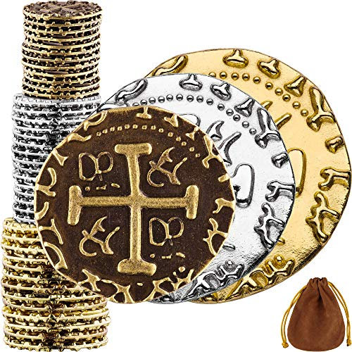 Piraten Münzen Zubehör, 36 Bronze, Silber & Goldmünzen-Set, Metall Goldtaler Deko Dublonen für DND Brettspiele, Cosplay, Realistische Mittelalter Geld-Imitation, Piratenschatz - M, L, XL Größen Mix