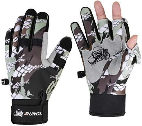 RUNCL Fishing Gloves Winter Warm RAGUEL, Touchscreen Outdoor Fishing Gloves, Neoprene 3 Cut Fingers Cycling Gloves, Convertible Windproof for Men Women Ice Fishing Photography Kayaking(Camo,XS)