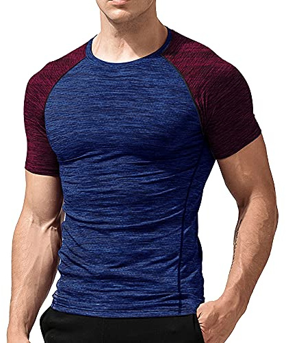Muscle Alive Uomo Magro Stretto Compressione Livello Base Manica Corta Maglietta Bodybuilding Top Poliestere e Spandex 9305 Blu Rosso L