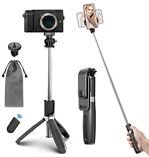Palo Selfie Trípode Bluetooth, 4 en 1 Selfie Stick Móvil con Control Remoto Inalámbrico, Deportivo Extensible para Viaje, Monopod con Obturador Rotación para Cámara Deportiva, Android iOS