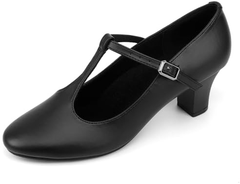 Asyusyu T Bar Character Shoes 2.3 Heel Character Dance Shoes for Women-Black, 7 UK