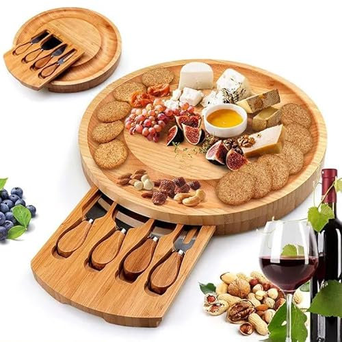 BAMBOOLEUM® Tabla de quesos redonda de bambú con cuatro cuchillos en cajones con cierre magnético