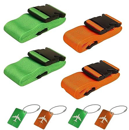 Koffergurt Grün Orange Kofferband Gurt - 4 Sets Einstellbare Gepäckgurt und Aluminium Kofferanhänger mit Adressschild - Sicher Koffer Gurtband für Reisen Schnell Erkennen Koffergürtel