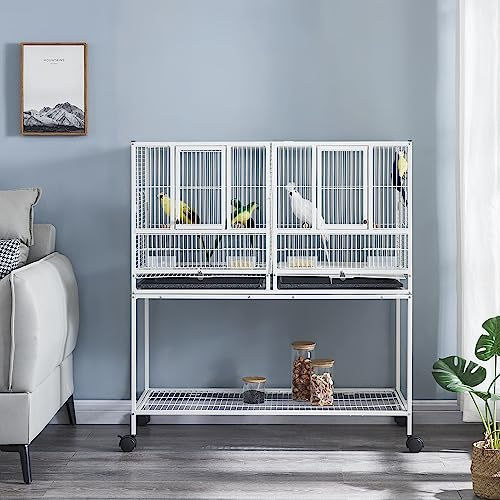 Panana Large Bird Cages Parrot Cage Wide Flight Metal Animal Cage for Budgie Parakeet Conure With Rolling Stand Wheels (White, 95L x 45.5W x 105H)