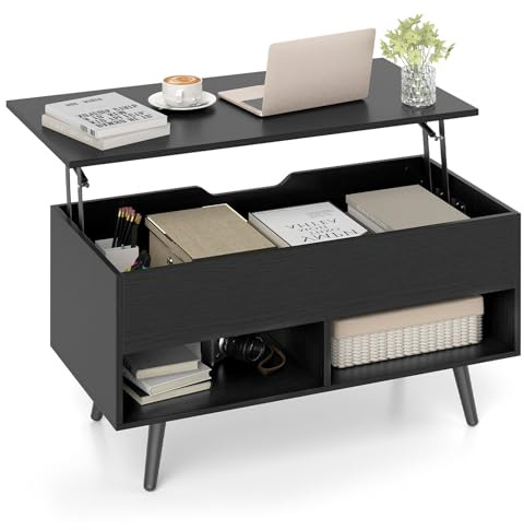 COSTWAY Lift Up Top Coffee Table, Wooden Lifting Cocktail Center Table with Hidden Storage Compartment and Open Shelves, Rectangle Accent Sofa Side Tea Tables for Living Room Office (Black)