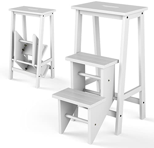COSTWAY Scaletta Pieghevole, 3 in 1 Scaletta e Sgabello in Legno di Gomma Multifunzione, 3 Gradini, Reversibili Impugnatura, Capacità di Carico 310 kg, Ideale per Studio, Soggiorno (Bianco)