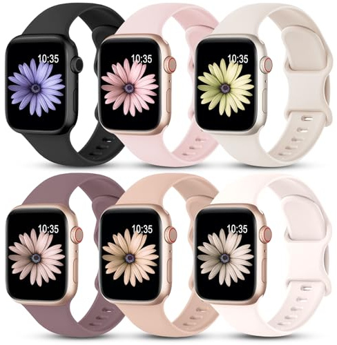 6-pack remmar kompatibla med Apple Watch-rem 38 mm 40 mm 41 mm 42 mm 44 mm 45 mm 46 mm 49 mm, mjukt silikon sportband för iWatch rem serie 11 10 9 8 7 6 5 4 SE Ultra 3 2 1 kvinnor män