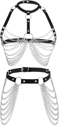 Cuero Pecho Cadena Negro En capas Sostén Cadenas Multicapa Cadenas de cuerpo Club nocturno Collar Accesorios, Punk Cadenas para cintura y cuerpo de estilo gótico, Cadenas de cuero negro para vientre