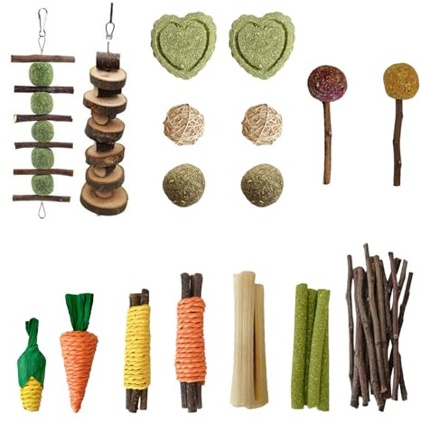 Anseom 13 Styles Jouets à Mâcher pour Lapin, 41 Pièces Bâtons de Foin de Timothée Naturels pour Petits Animaux, Bâtonnets de Pomme Jouets Soins Dentaires pour Hamster Cochon d'Inde Perroquet