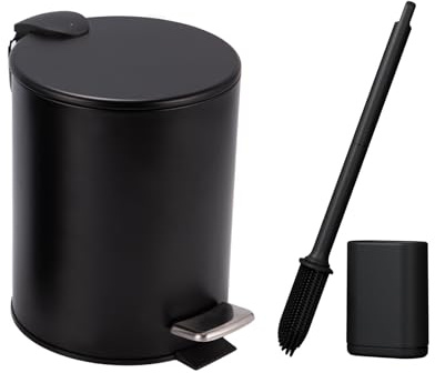 iAnomla Papelera Baño Negra, 3L Cubo Basura Baño con Escobilla Para Inodoro, Pedales de Acero, Interior Extraíble, Cierre con Caída Amortiguada, Para Cocina, Dormitorio, Oficina