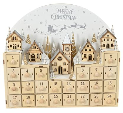 Calendario dell'Avvento in legno illuminato a LED, per conto alla rovescia di Natale, scatola con cassetti portaoggetti con albero e renna illuminati a LED