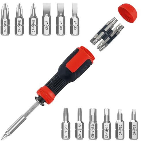 Multi-bit Screwdriver, 13-in-1 Screw Driver Adjustable Mini Screwdriver Set Multitool All in One with Torx Security, Phillips, Hex, Flat Head, Square and 1/4 Nut Driver (Red)