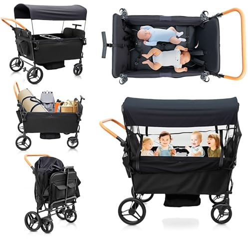 Voupou Stroller Wagon for 4 Kids Seated-Tandem Fold Stroller Push-Pull Lightweight Travel Trolley with 5-Point Harness,Adjustable Handle and Canopy,Mosquito Net,Footwells,Child Tray,Cup Holder,Storage