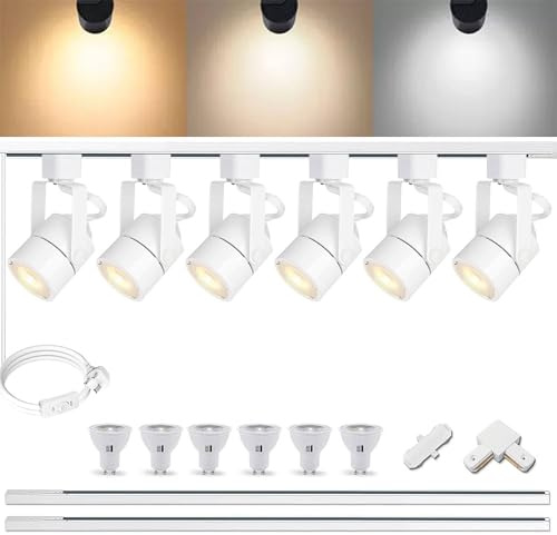 Dimmable LED Track Lighting Heads Kit, 3CCT 10W L-Type Track Lights 3000K/4000K/6000K Adjustable with 2M Track Rail, 6PCS Ceiling Spotlight Fixtures Replaceable GU10 Bulbs