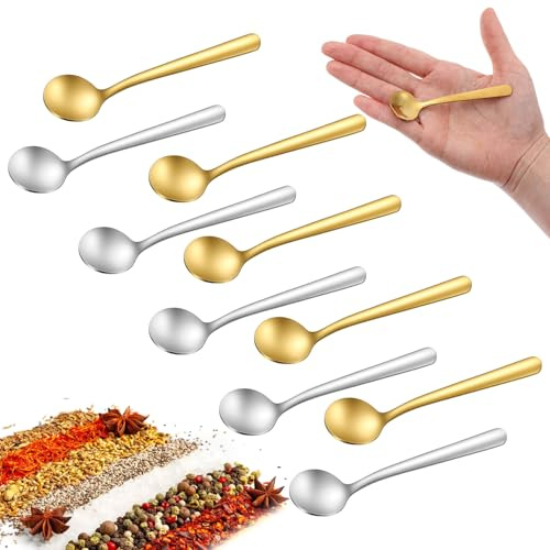 10 st. små skedar för kryddor, liten storlek 8.9 cm Mini skedar i rostfritt stål för salt, kryddburkar, SUS 304 livsmedelsklassig kryddeske för salt, socker, kaffepulver, dessert, kaviar (guld, silver