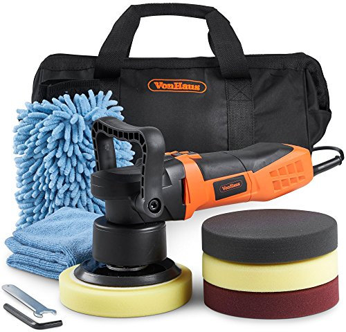 VonHaus Dual Action Car Polisher Kit, Random Orbit Polishing Machine, 650W Car Buffer, D, Side & Rubber Handles, 6 Variable Speeds 2800-6000RPM, with 4 Polisher Pads, Cloth and Storage Case