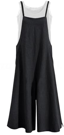 YESNO Women Casual Loose Long Bib Pants Wide Leg Jumpsuits Baggy Cotton Rompers Overalls with Pockets (M PZZTYP2 Black)