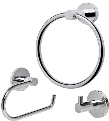 Toilet Roll Holder Set, 3 Pieces Wall Mounted Bathroom Accessory include Chrome Toilet Paper Holder + Stainless Steel Towel Ring + Coat Hooks, Modern Bathroom Hardware Mirror Polished, Silver