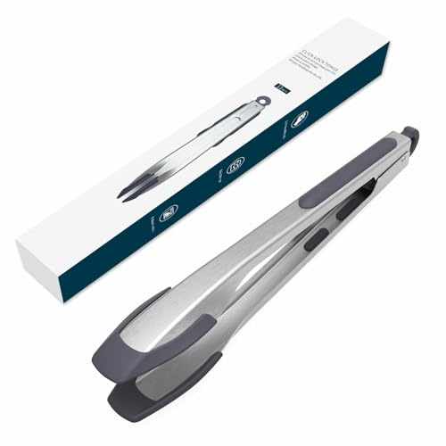 KITCHENDAO Tongs for Cooking with Silicone Tips 12 Inch, One-handed for Convenience, Soft-touch Handle, Silicone Tipped Stainless Steel Kitchen Food Grill BBQ Tongs for Non-stick Cookware Air Fryer