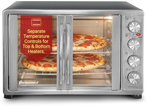 Elite Gourmet ETO4510B# French Door 47.5Qt, 18-Slice Convection Oven 4-Control Knobs, Bake Broil Toast Rotisserie Keep Warm, Includes 2 x 12 Pizza Racks, Stainless Steel