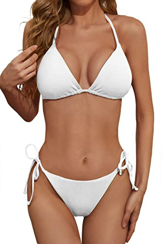 Zuvebamyo Women's Two Piece Bikini Swimsuit Sexy Ribbed Triangle Top Bathing Suits String Cheeky Bikini Sets White S