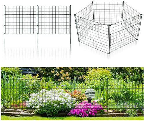 Randaco Teichzaun Gartenzaun 5tlg Set, Gartenzäune Dekorative mit 11 Zaunelemente-5 Zaunelemente und 6 Befestigungsstäben, Metallzaun Gitterzaun Länge 3,75 m (Gerade, Grün)